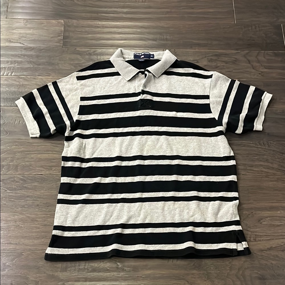 Polo Sport Ralph Lauren Vintage Polo Shirt grey black striped Men’s Size XL